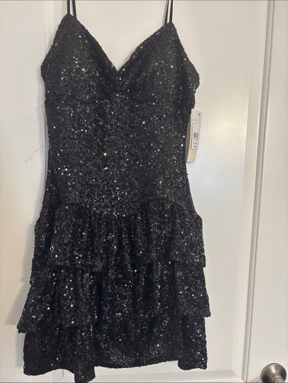 Black Sequin Tiered Mini Dress for Juniors’